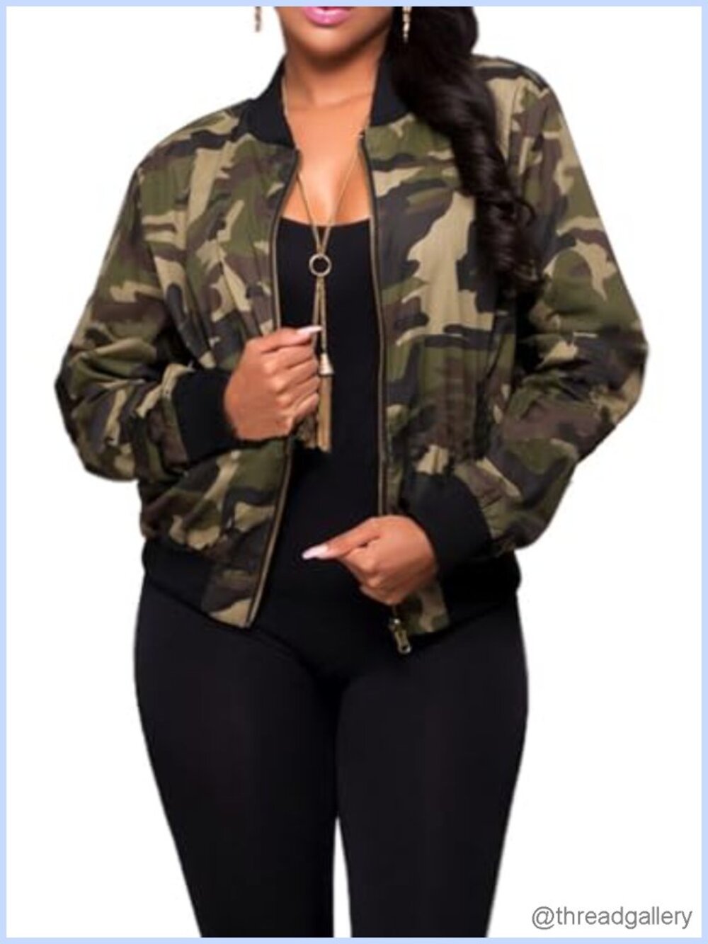 Women's Camo Full Zip Up Jacket Lightweight Casual Coat